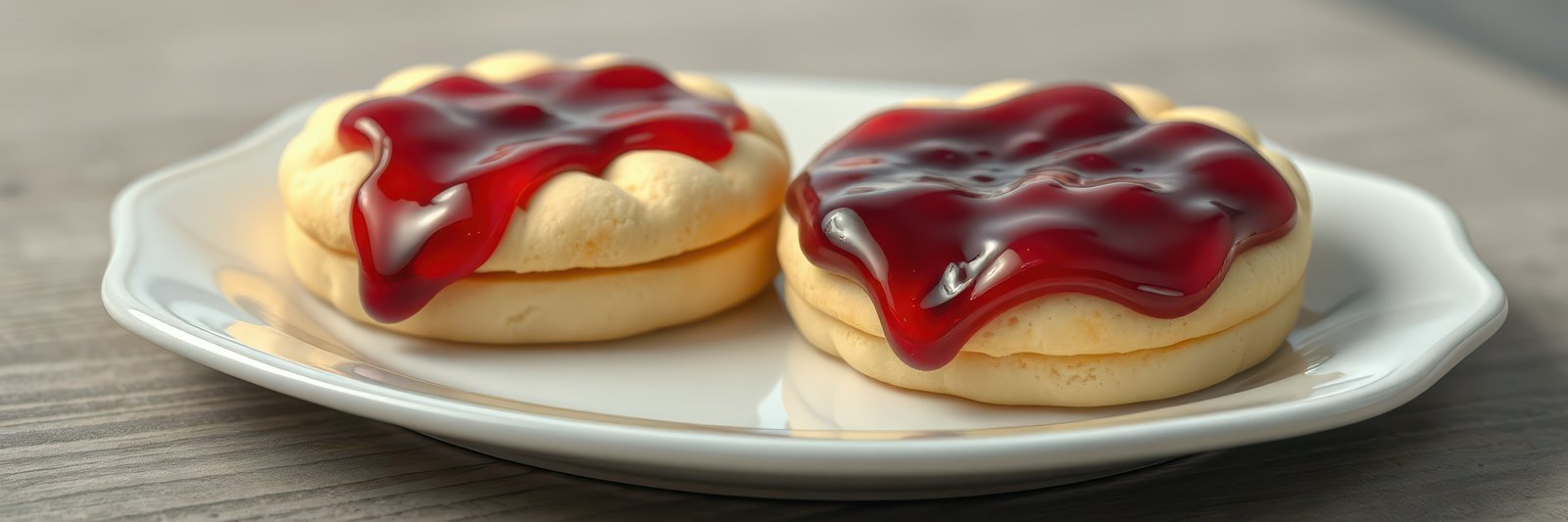 Delicious cream-filled cookies topped with strawberry jelly on a white plate